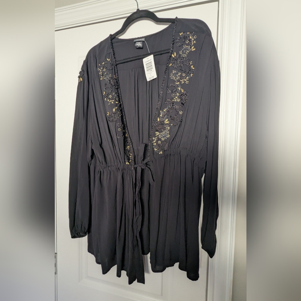 torrid Black Long-Sleeve Embroidered Tie-Front Challis Jacket